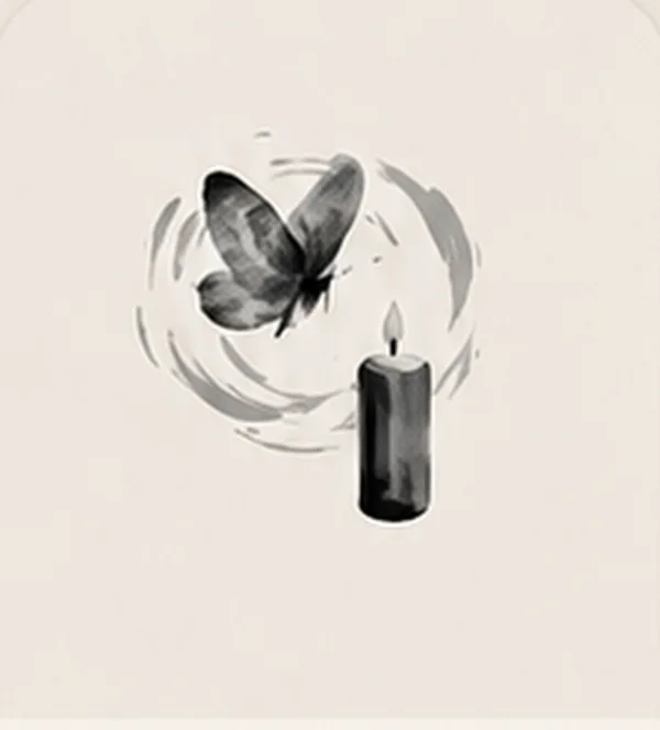 Ink-wash painting of a moth circling a candle