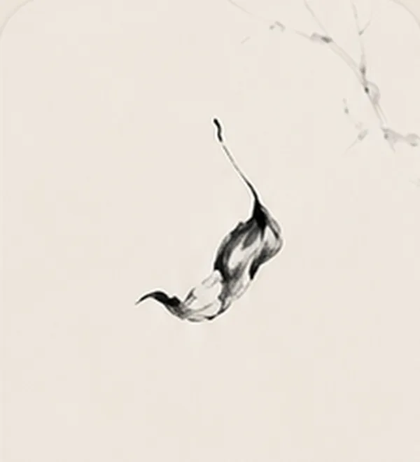 Ink-wash painting of a single leaf falling from a bare branch
