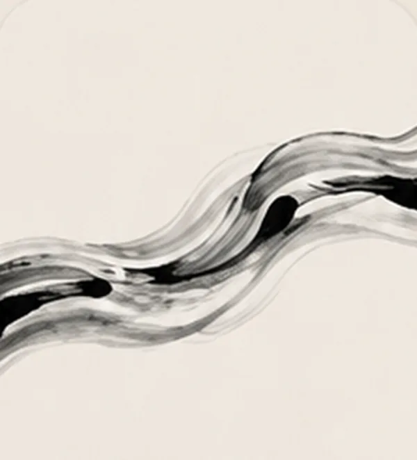 Ink-wash painting of a long black brushstroke curving like a wave