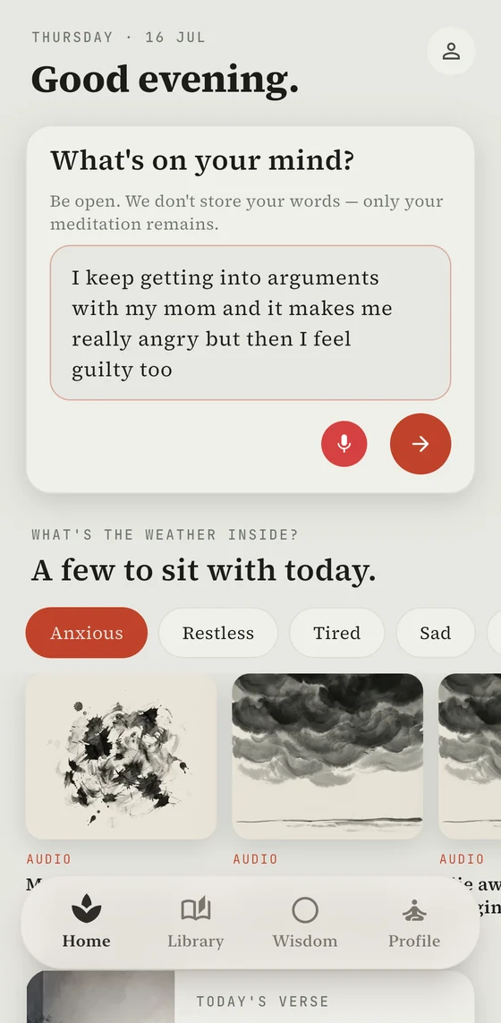 The HeadRest home screen. Under 'Good evening.' a card asks 'What's on your mind?' with 'I keep getting into arguments with my mom and I make her really angry but then I feel guilty too' typed in.